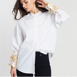 SCOTCH & SODA White Cotton Oversize Button Down Shirt Embroidered Sleeve